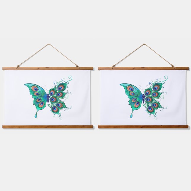Tapisserie Suspendue Papillon aux plumes de paon vert (Double)