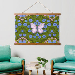 Tapisserie Suspendue Papillons et symétrie des fleurs, bleu et rose