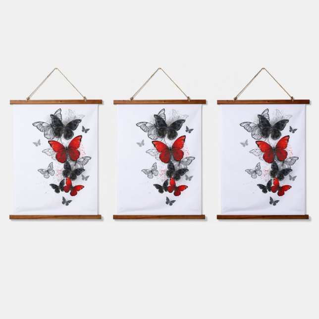 Tapisserie Suspendue Papillons noirs et rouges volants (Tripler)