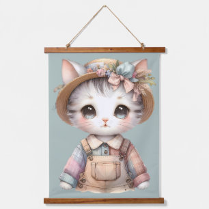 Tapisserie Suspendue Pastel Cottagecore Chat en boules et Casquette pai