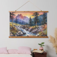 Paysage de montagne avec cascade au coucher du sol