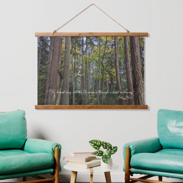 Tapisserie Suspendue Paysage forestier avec citation de John Muir (Salon)