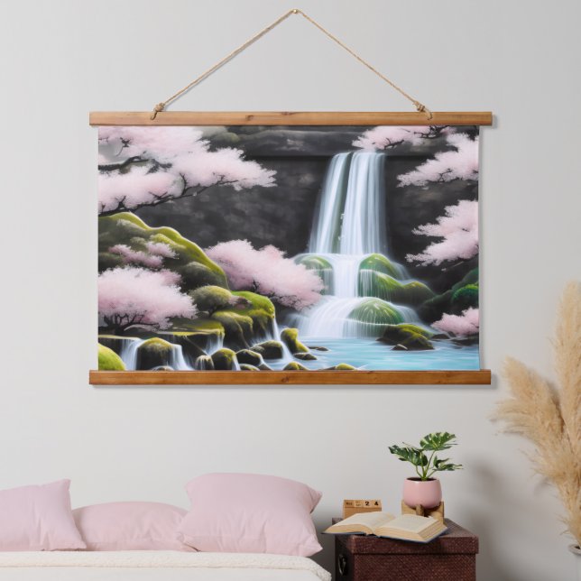 Tapisserie Suspendue Paysage Japonais Fleurs De Cerisiers Et Cascade (Chambre à coucher)