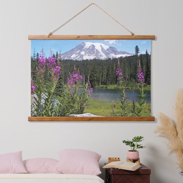 Tapisserie Suspendue Paysage Pittoresque du Mont Rainier et Fleur sauva (Chambre à coucher)