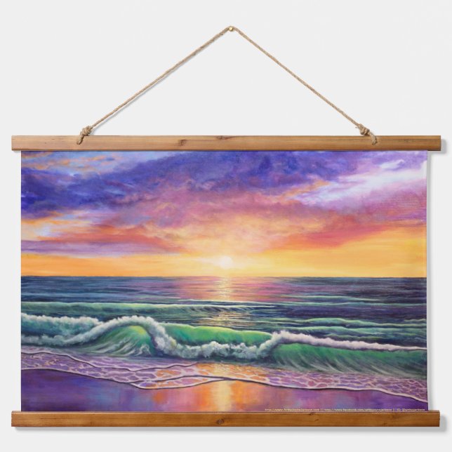 Tapisserie Suspendue Peinture coucher de soleil sur la mer verte (Devant)
