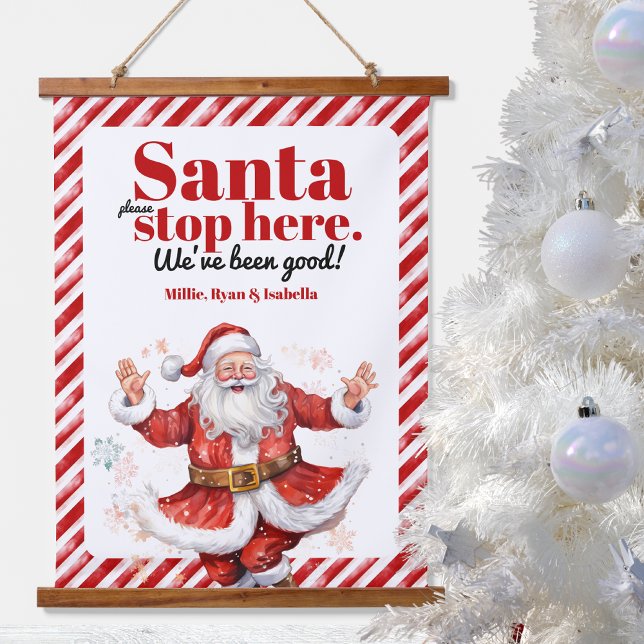 Tapisserie Suspendue Père Noël Arrêtez ici moderne rouge blanc rayures  (bold modern retro santa please stop here hanging wall tapestry art red white candy stripe watercolor)
