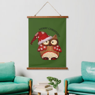 Tapisserie Suspendue Père Noël Owl avec chapeau de Père Noël rouge