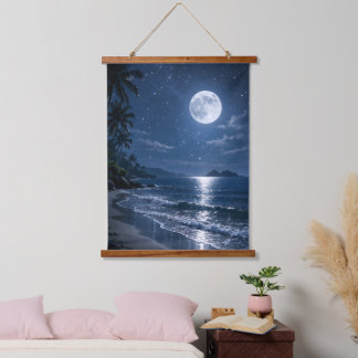 Tapisserie Suspendue Pleine Lune sur la Nuit de Plage Tropicale en Acry