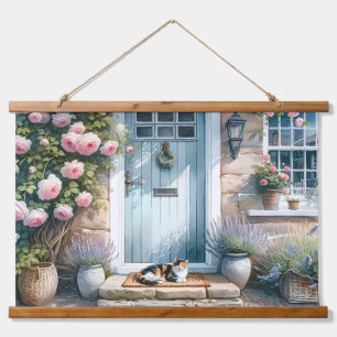 Tapisserie Suspendue Porche Floral Cottagecore avec Chat Calicot