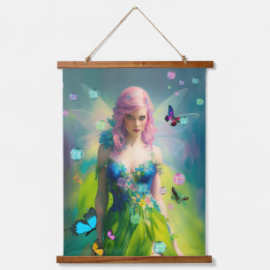 Tapisserie Suspendue Portrait de fée aux cheveux roses en robe verte