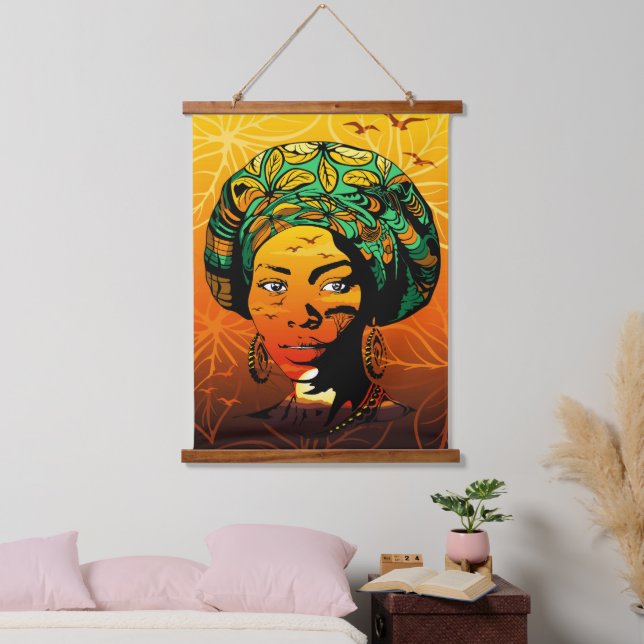 Tapisserie Suspendue Portrait féminin africain avec coucher de soleil (Chambre à coucher)