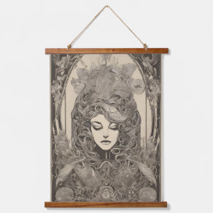 Tapisserie Suspendue Portrait Féminin Art Nouveau avec Fleurs Intriquée