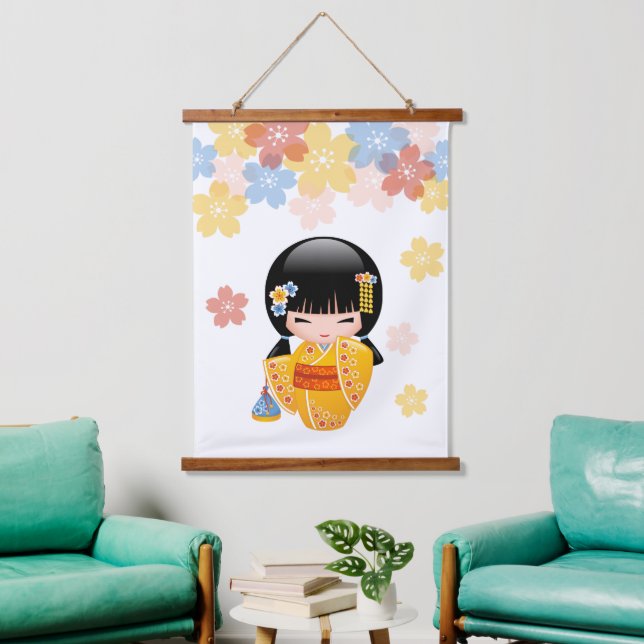 Tapisserie Suspendue Poupée d'été Kokeshi - Kimono Jaune Geisha Girl (Salon)