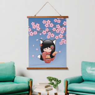 Tapisserie Suspendue Poupée Kitsune Kokeshi - Black Fox Geisha Girl