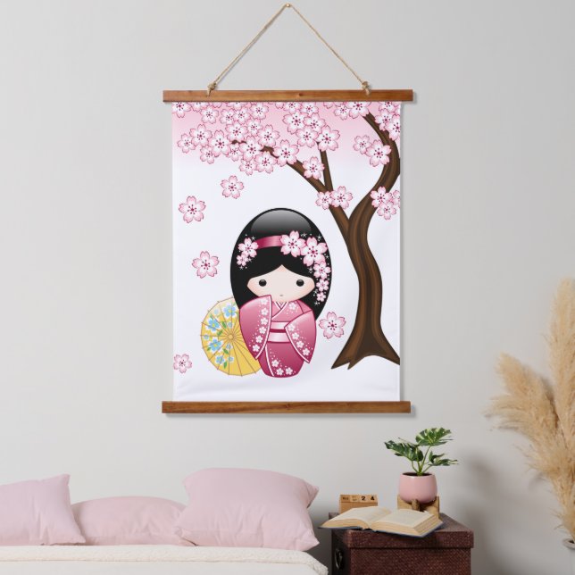 Tapisserie Suspendue Poupée Kokeshi Printemps - Cute Japonaise Geisha G (Chambre à coucher)