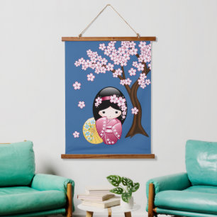 Tapisserie Suspendue Poupée Kokeshi Spring - Cute Japonaise Geisha Blue
