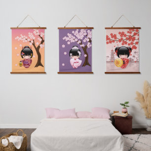 Tapisserie Suspendue Poupées Kokeshi Japonaises - Set de 3 Geishas