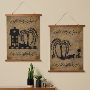 Tapisserie Suspendue Prim Saltbox House Willow Tree Sheep