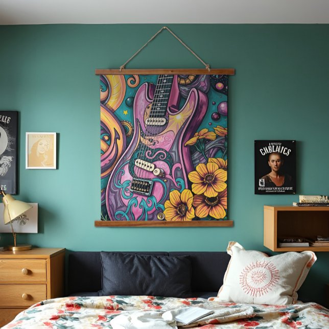 Tapisserie Suspendue Psychédélique rose guitare Fleurs Jaunes Ciel Turq (Groovy pink guitar tapestry with yellow flowers and psychedelic teal sky. Dreamy retro 60's vibes.)