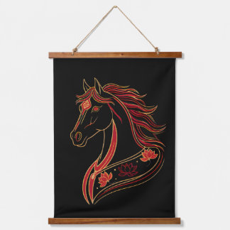 Tapisserie Suspendue Red & Gold Horse with Lotus, Spiritual Symbolic