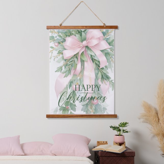 Tapisserie Suspendue Ribbon de Noël rose satin vert creux (Chambre à coucher)