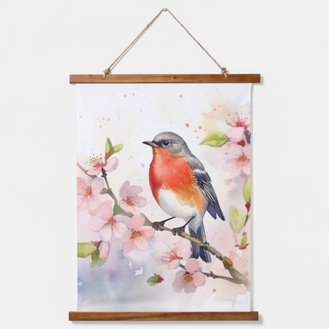 Tapisserie Suspendue Robin d'aquarelle sur la branche de fleur de ceris (Recto)