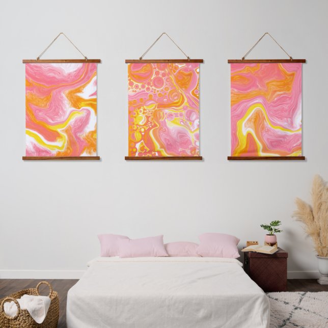 Tapisserie Suspendue Rose, orange et Marbre blanc Fluid Art (Chambre à coucher)