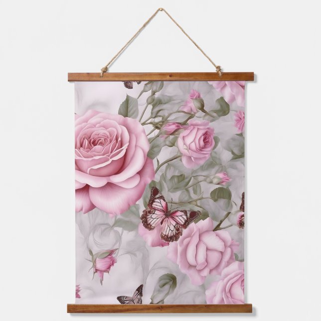 Tapisserie Suspendue Roses roses et papillons d'eau (Recto)
