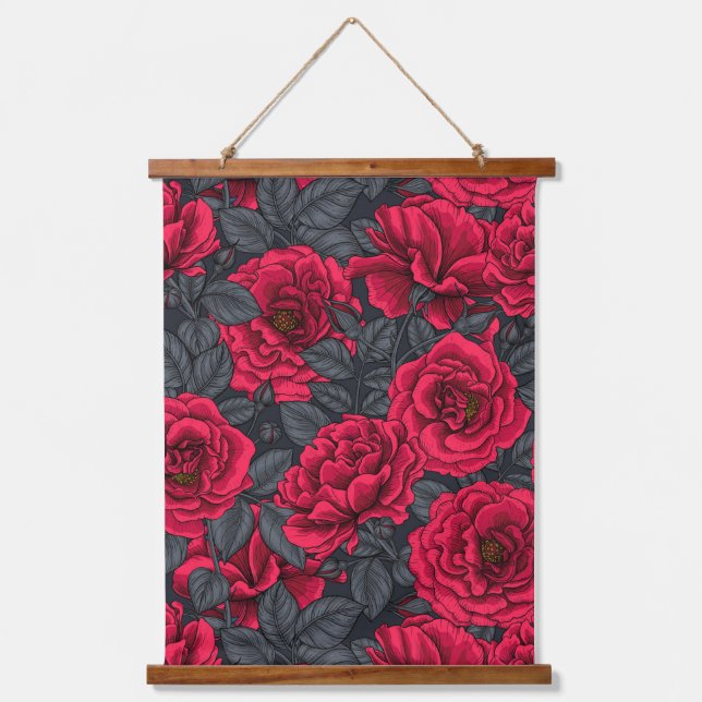 Tapisserie Suspendue Roses rouges avec feuilles gris (Recto)