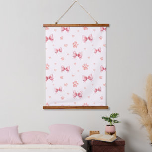 Tapisserie Suspendue Ruban rose, Coeur et Motif Empreinte de patte - Ro