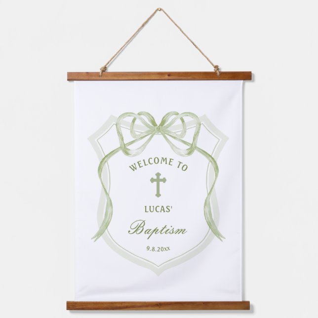 Tapisserie Suspendue Sage Green Bow Crest Baptisme Bienvenue (Recto)