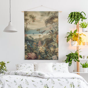 Tapisserie Suspendue Scène botanique vintage oiseaux fleurs au paradis