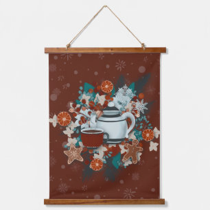 Tapisserie Suspendue Scène de thé hivernale Cottagecore Rouge Cosy