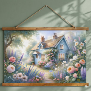 Tapisserie Suspendue Scène florale de maison bleue de jardin de campagn