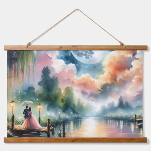 Tapisserie Suspendue Scène nocturne romantique à l'aquarelle sous le cl