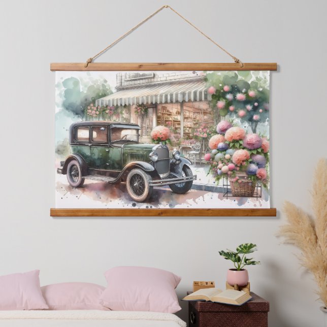 Tapisserie Suspendue Scène Retro Car & Blooming Boutique (Chambre à coucher)