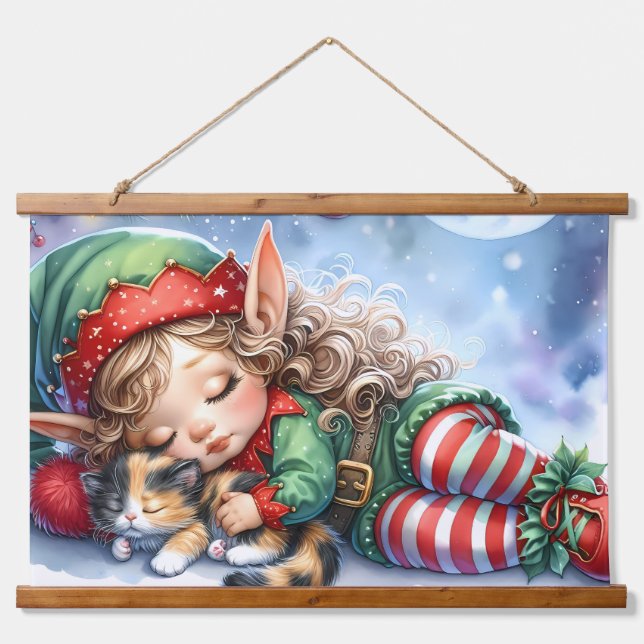 Tapisserie Suspendue Sleeping Christmas Elf with Calico Kitten (Devant)
