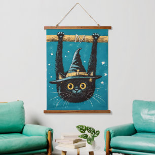 Tapisserie Suspendue Sorcière éffrayante de chat noir volant