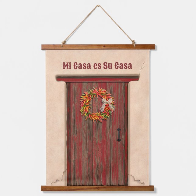 Tapisserie Suspendue Southwest Chile Wreath on Rustic Red Wood Door (Recto)