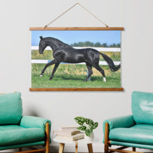Tapisserie Suspendue Stallion de thé Akhal noir galopant paddock clôtur
