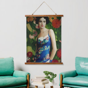 Tapisserie Suspendue Style Art Déco Elégant Femme avec Grandes Fleurs A