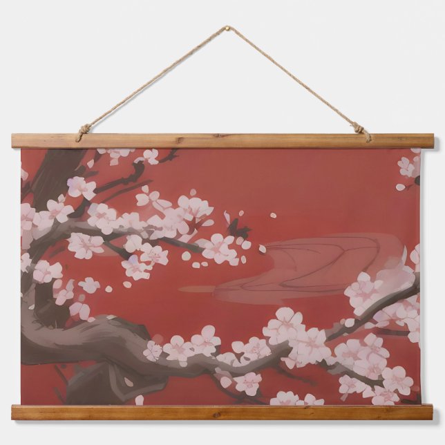 Tapisserie Suspendue Style japonais Arte cerise blanche Fleur rouge (Devant)