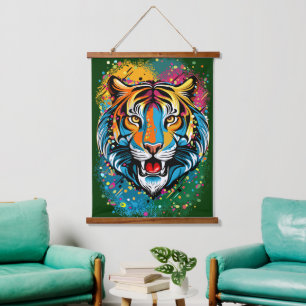 Tapisserie Suspendue Tête de tigre couleurs arc-en-ciel peinture taches