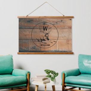 Tapisserie Suspendue Texture en bois rustique et monogramme de cerfs su