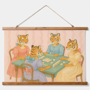 Tapisserie Suspendue Tigres mignons vintage jouant au Mahjong