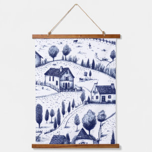 Tapisserie Suspendue Toile Bleue Vintage - Arbres Architecture Pastoral