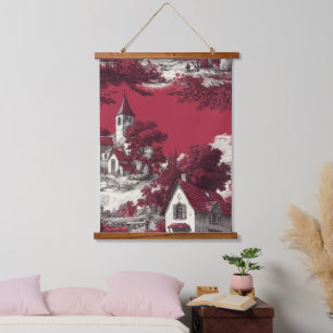 Tapisserie Suspendue Toile de Jouy Rouge Classique avec Scènes Pastoral