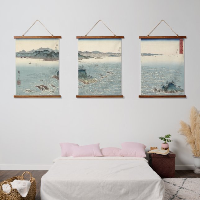 Tapisserie Suspendue Tournois japonais Paysage Triptych ukiyo e (Chambre à coucher)