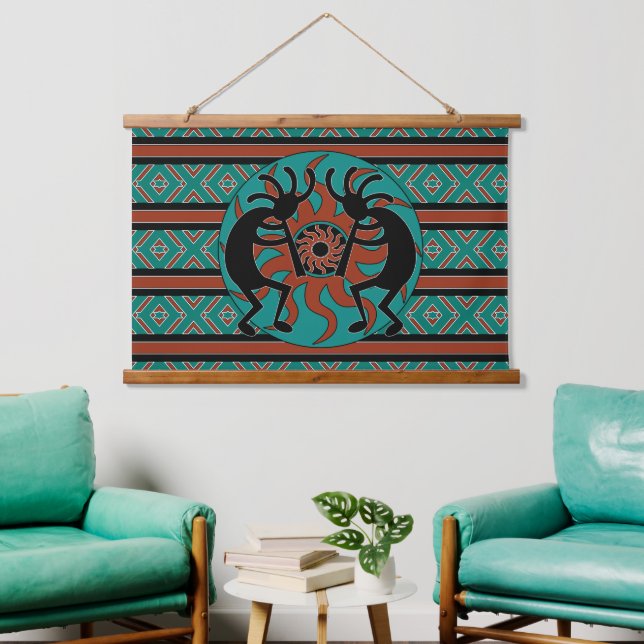 Tapisserie Suspendue Tribal Turquoise Sud-Ouest Sun Kokopelli (Salon)