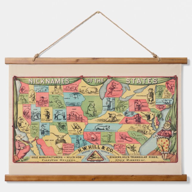 Tapisserie Suspendue Une Carte Stylisée Des États-Unis Avec Des Surnoms (Devant)